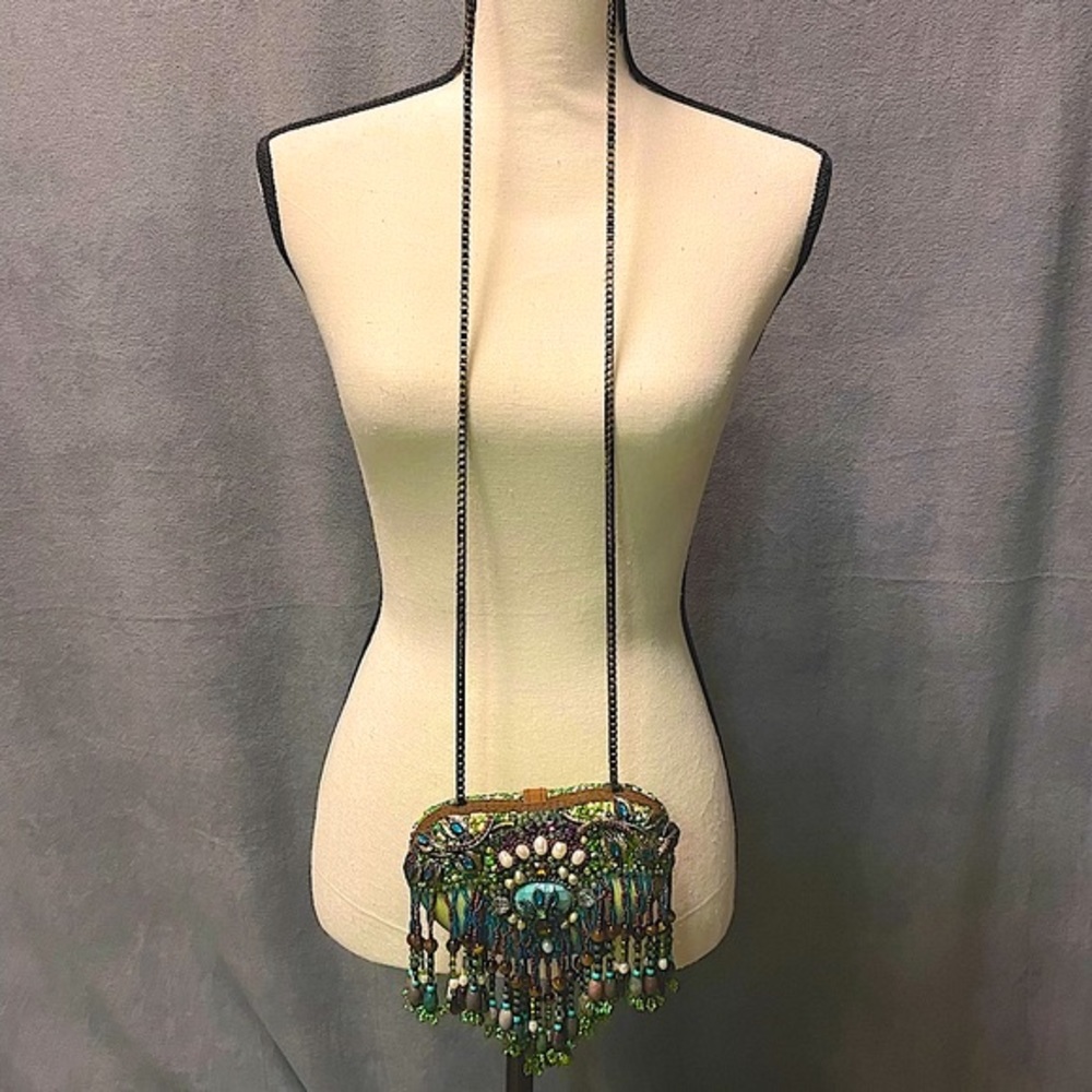 Mary Frances evening bag.  Green with blue, chain 22.5 inch drop off shoulder.